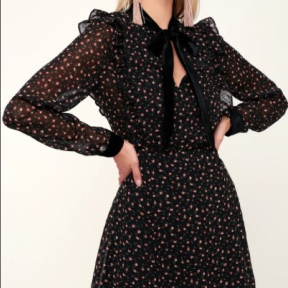 NWT Lulu’s Neilsa Black Floral Print Long Sleeve Skater Dress, Sz M
